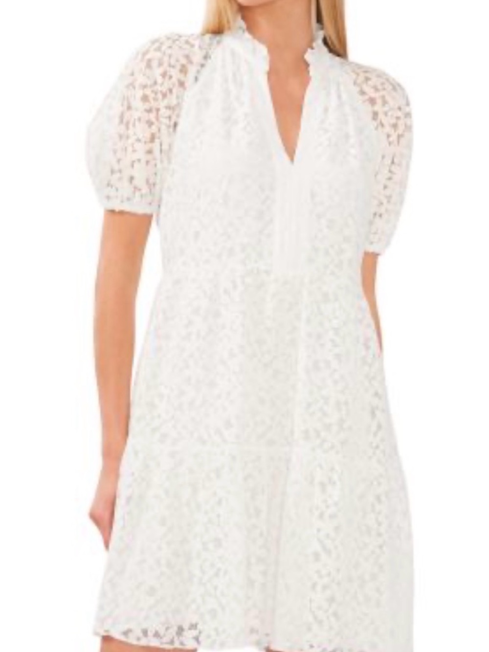 CeCe White Lace Puff-Sleeve Mini Dress
